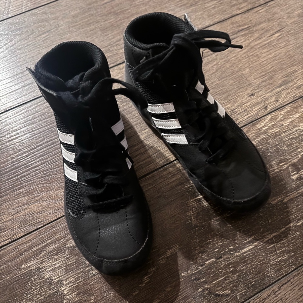 Adidas Kids Black High-Top Wrestling Shoes with White Stripes